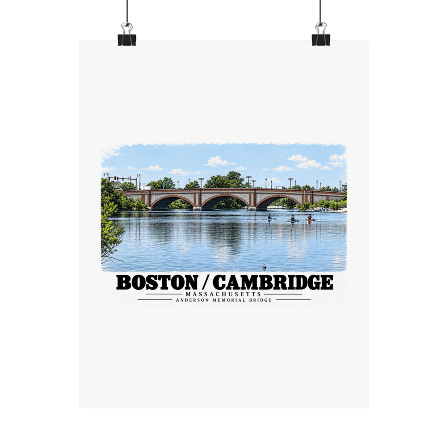 Anderson Memorial Bridge and scullers poster with Boston/Cambridge lettering hanging from two binder clips
