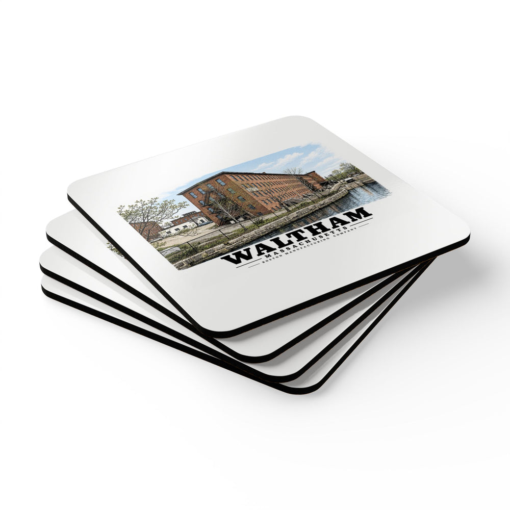 Illustrated Boston Manufacturing Company in Waltham on corkwood coaster set