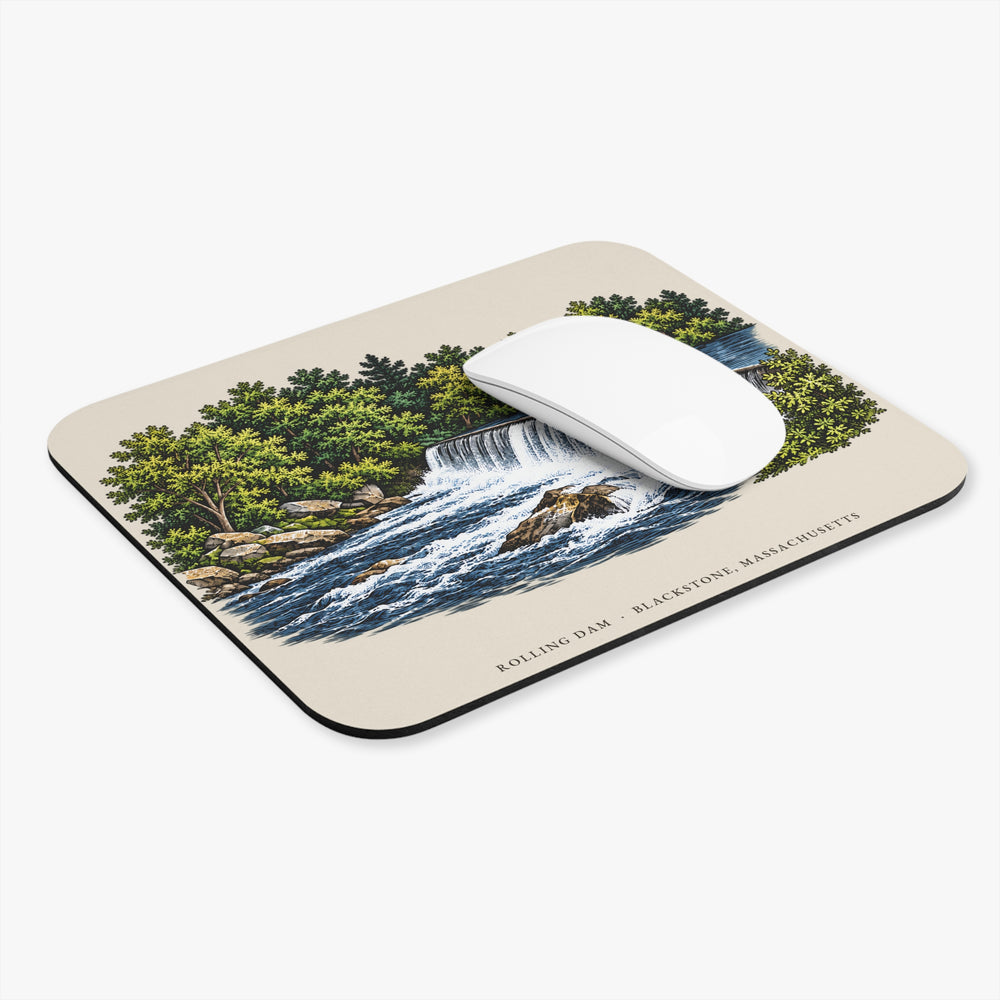 Blackstone Rolling Dam mouse pad mockup showing the full illustrated print