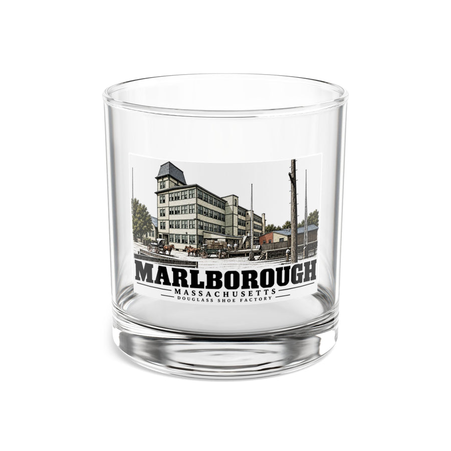 Illustrated Douglass Shoe Factory in Marlborough on rocks glass