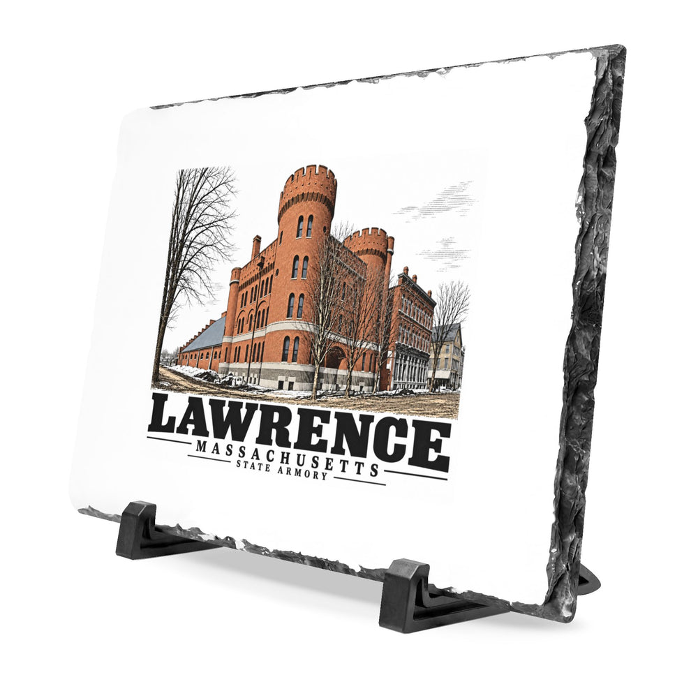 Illustrated State Armory in Lawrence on slate desk plaque