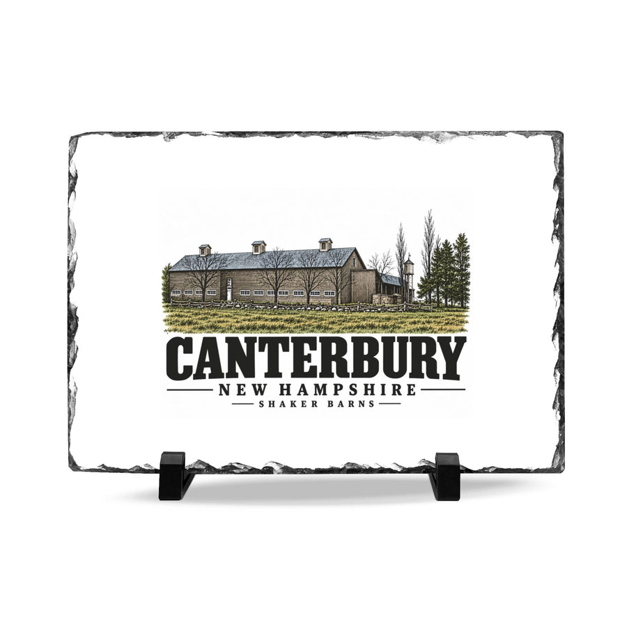 Front on black stands of Shaker Barns slate desk plaque, Canterbury, New Hampshire.