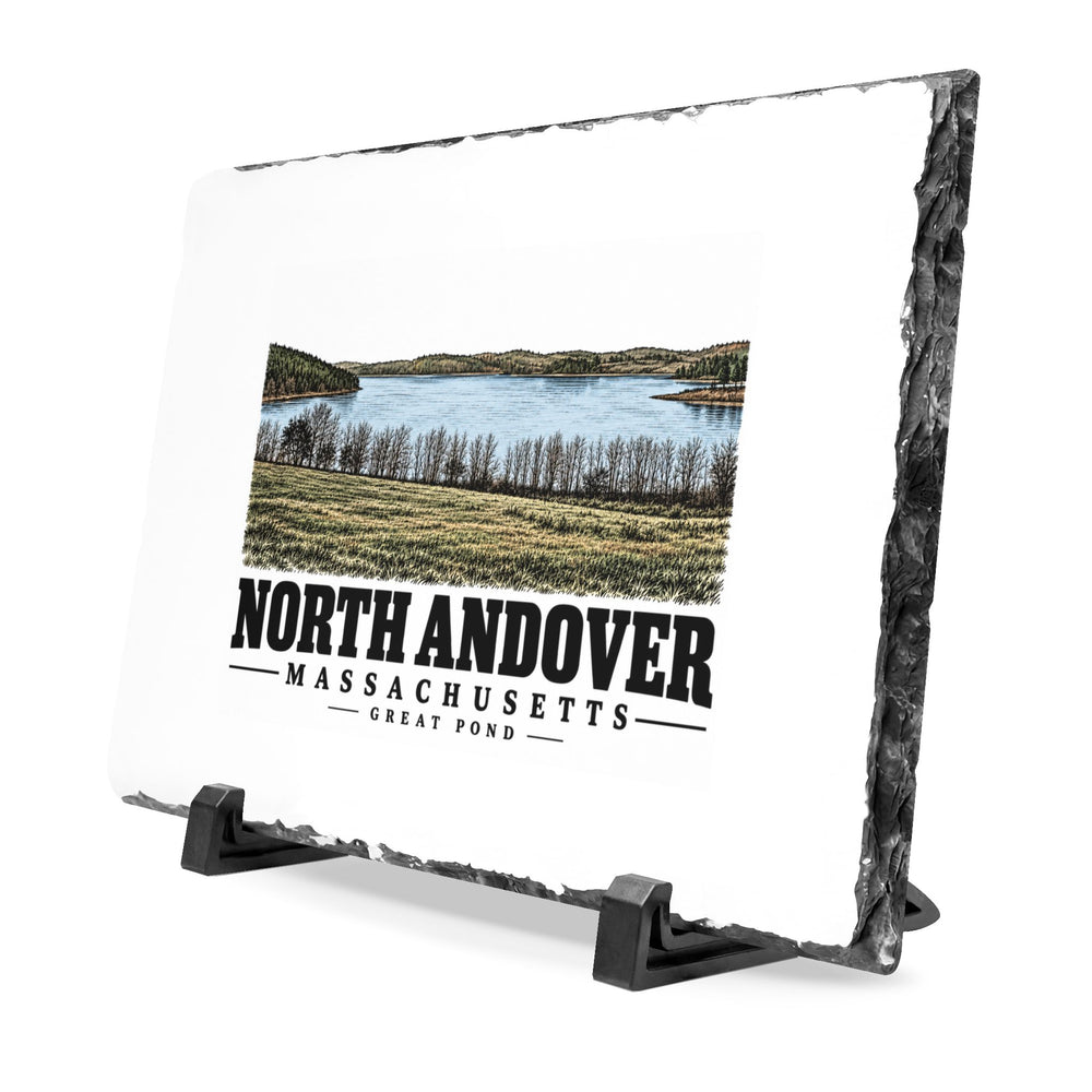 Angled front on display stands of Great Pond slate desk plaque, with North Andover, Massachusetts artwork and lettering.
