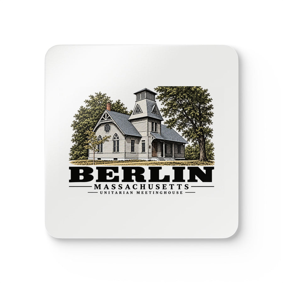 Illustrated Unitarian Meetinghouse in Berlin on corkwood coaster set