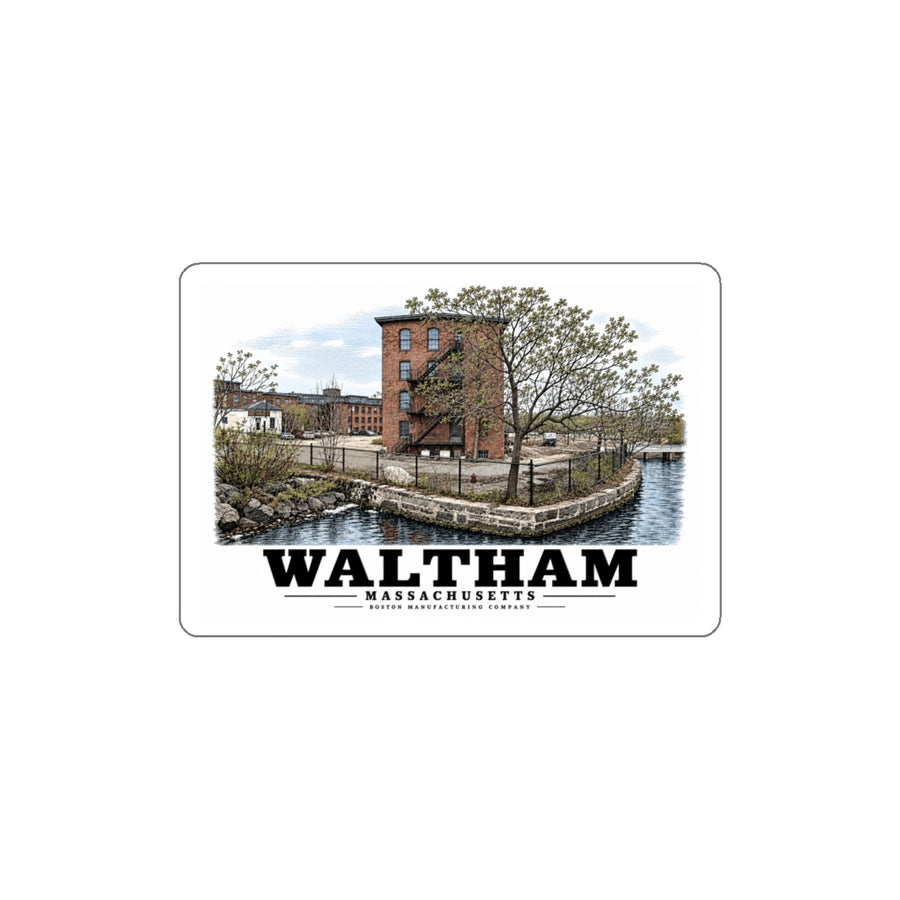 Illustrated Boston Manufacturing Company in Waltham on die-cut sticker