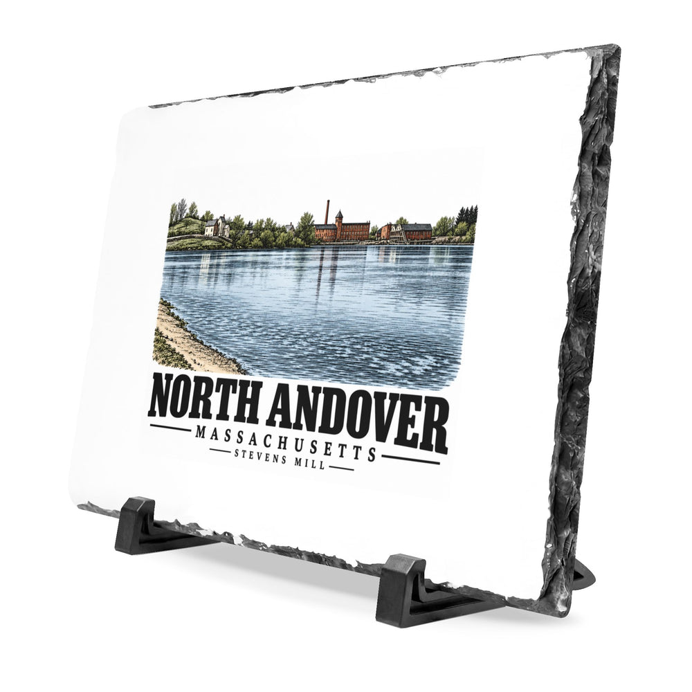 Angled front on display stands of Stevens Mill slate desk plaque, with North Andover, Massachusetts artwork and lettering.