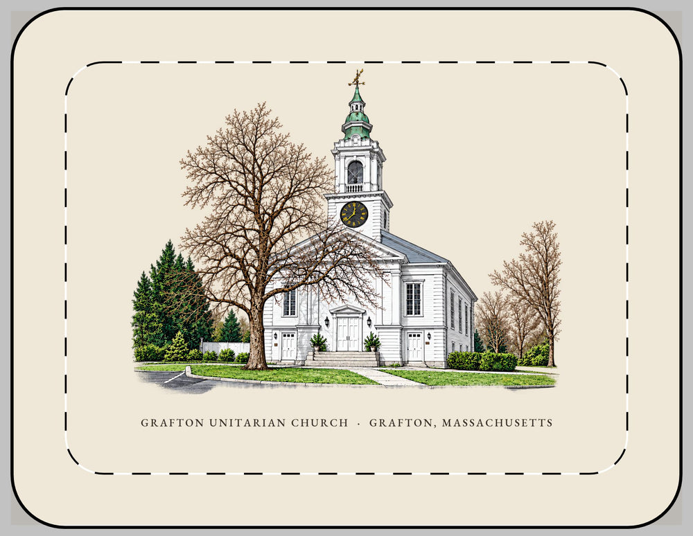 Grafton Unitarian Church at Grafton Common 13-inch laptop sleeve mockup showing the full illustrated print