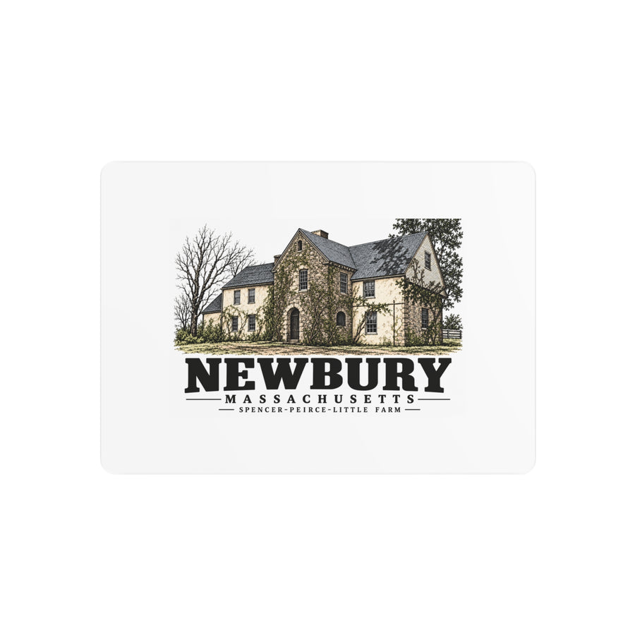 Front of Spencer-Peirce-Little Farm metal wall art, with Newbury, Massachusetts artwork and lettering.