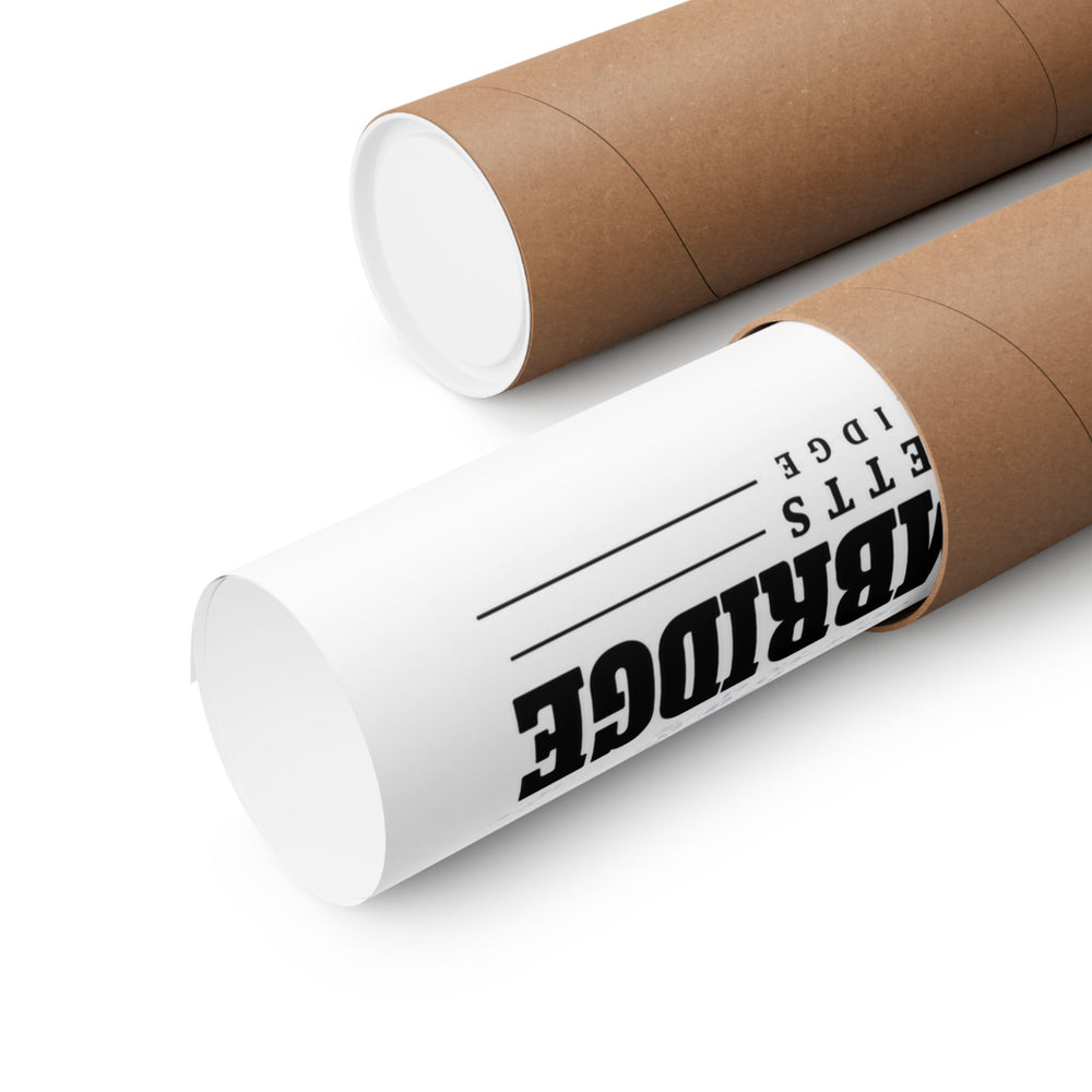 Partly rolled poster extending from a cardboard tube with partial Cambridge lettering and a narrow strip of the printed scene visible