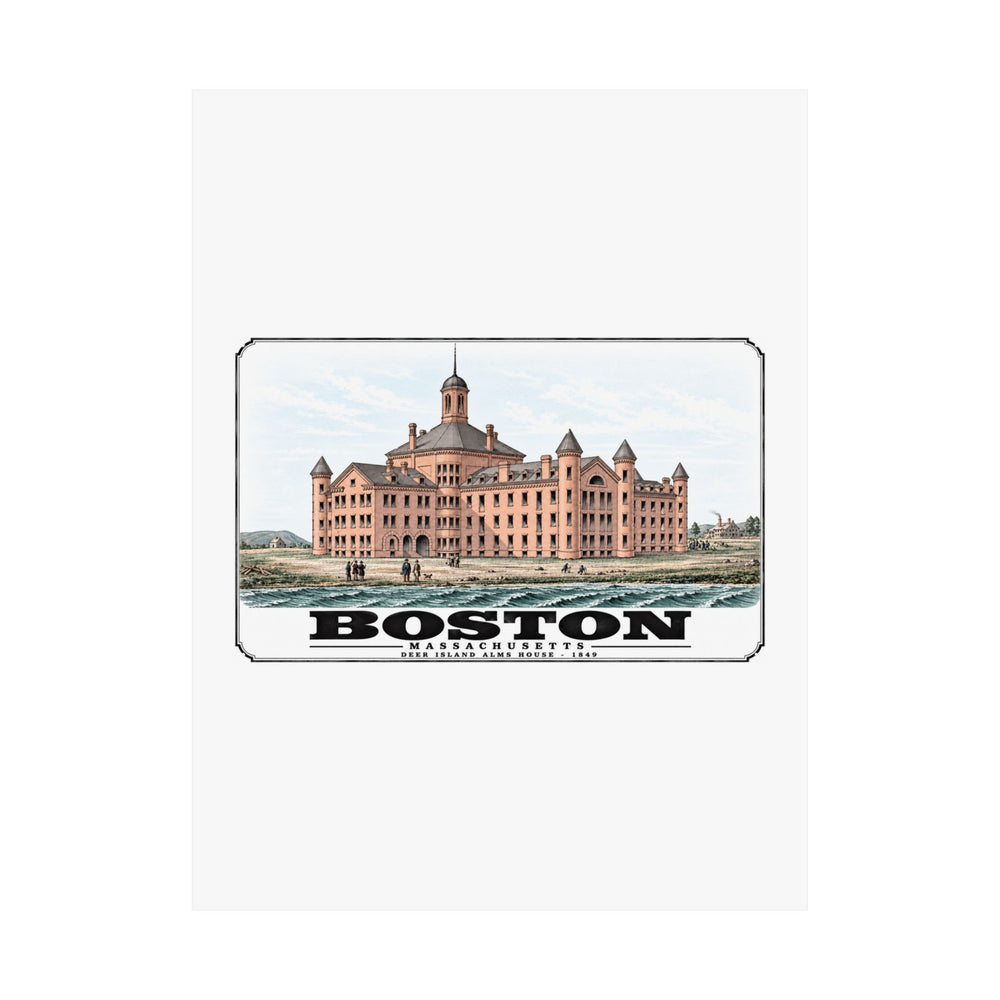 Flat large symmetrical alms house building, grounds and figures poster with Boston lettering