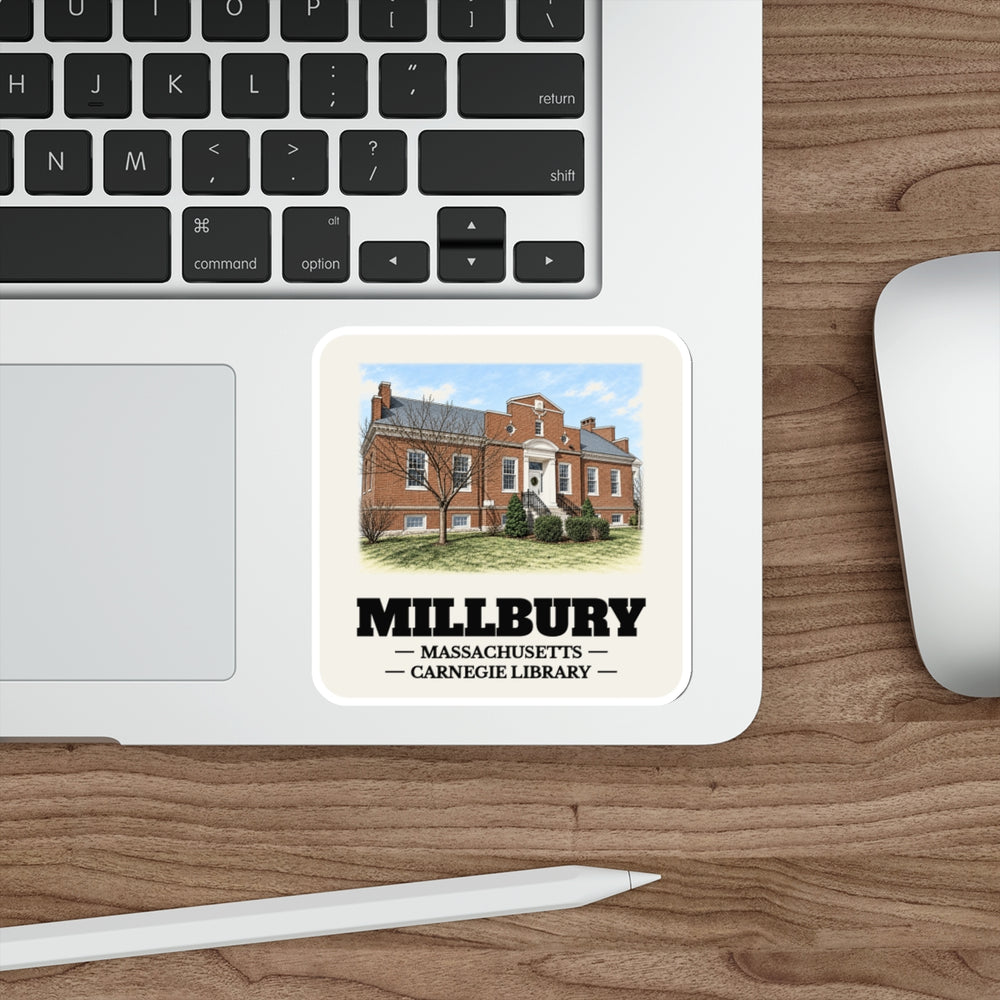 Millbury Carnegie Library sticker shown on a laptop