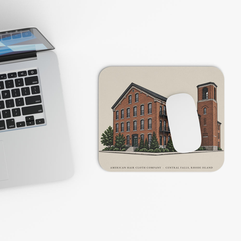 Central Falls American Hair Cloth Company mouse pad mockup showing the full illustrated print
