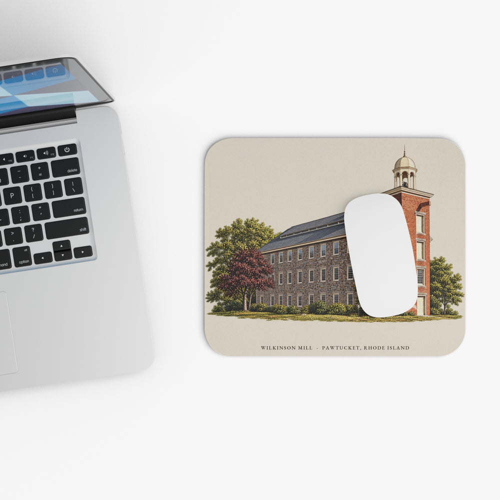 Pawtucket Wilkinson Mill Stone Machine Shop mouse pad mockup showing the full illustrated print