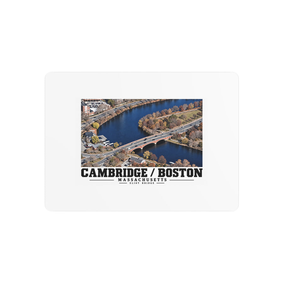 Metal wall print showing Eliot Bridge aerial river view artwork and Cambridge/Boston lettering