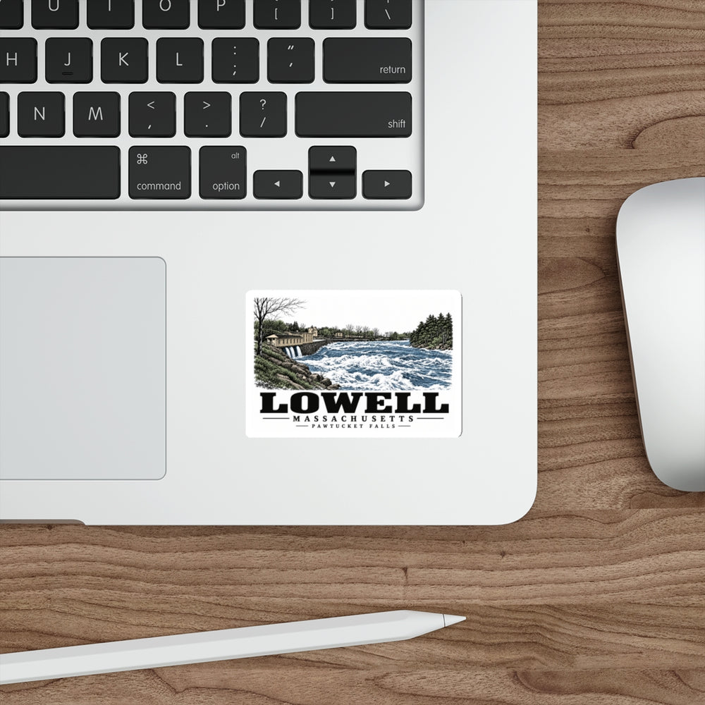 Laptop display of Pawtucket Falls white die-cut sticker, with Lowell, Massachusetts artwork and lettering.