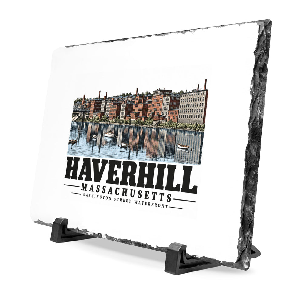 Angled front on display stands of Washington Street Waterfront slate desk plaque, with Haverhill, Massachusetts artwork and lettering.