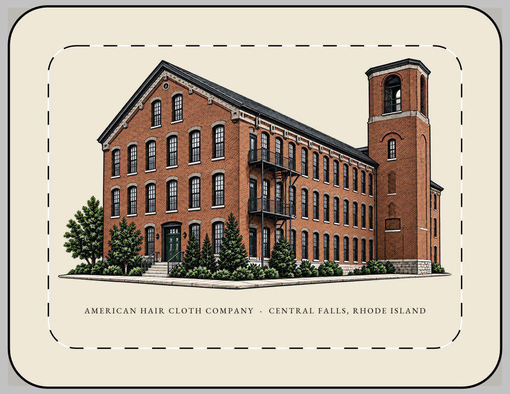 Central Falls American Hair Cloth Company 13-inch laptop sleeve mockup showing the full illustrated print