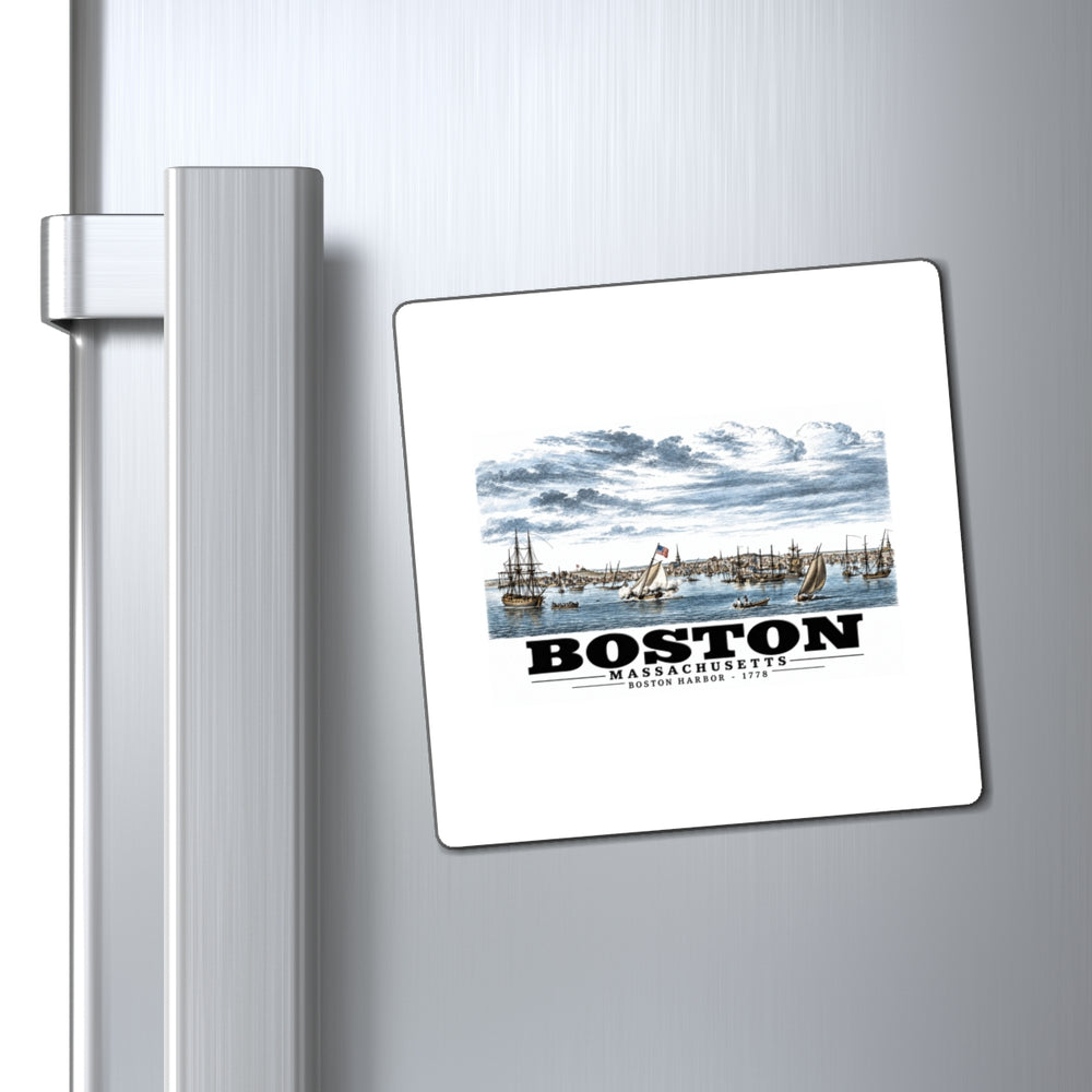Boston Harbor waterfront scene with sailing ships magnet on a refrigerator beside its handle