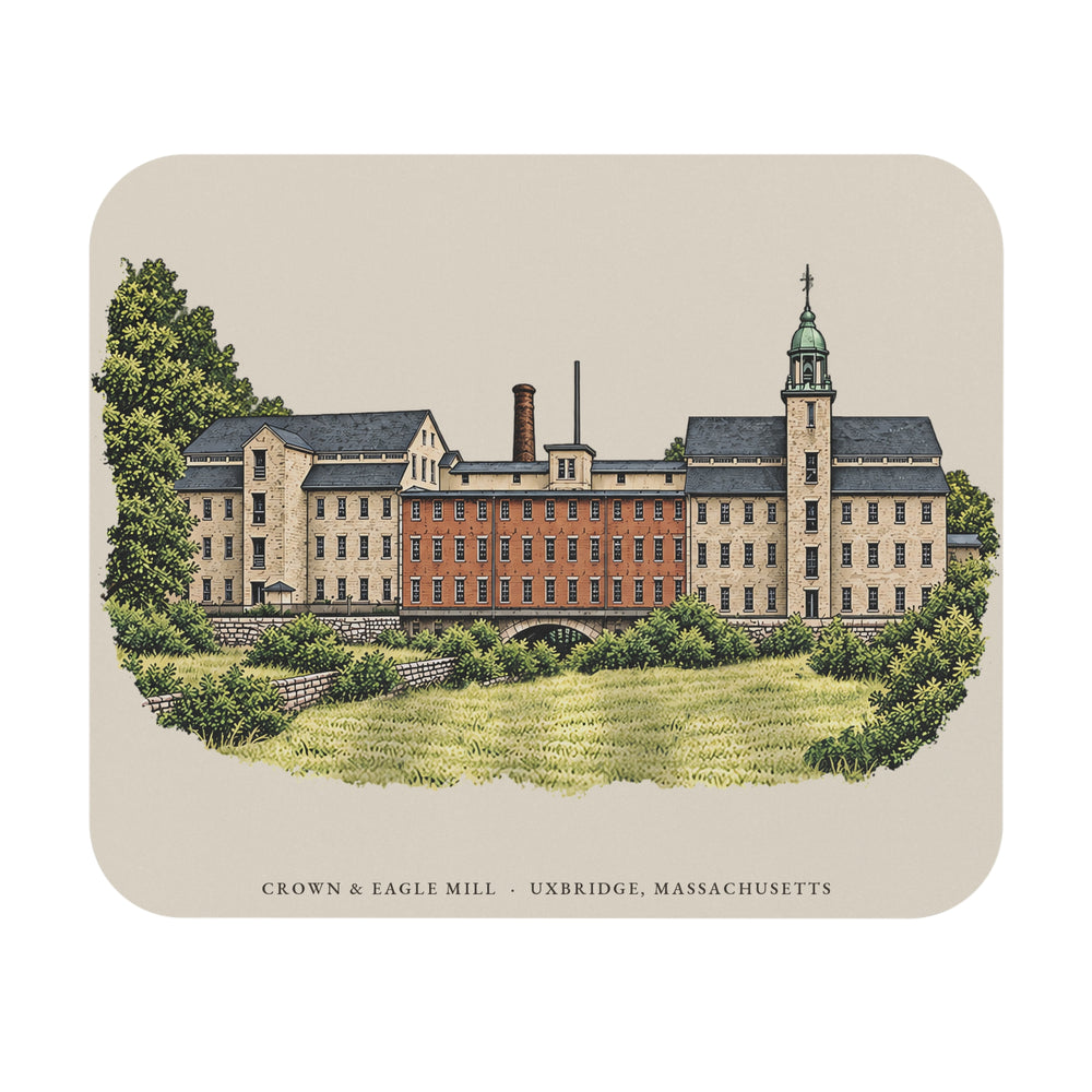 Uxbridge Crown & Eagle Mill mouse pad mockup showing the full illustrated print