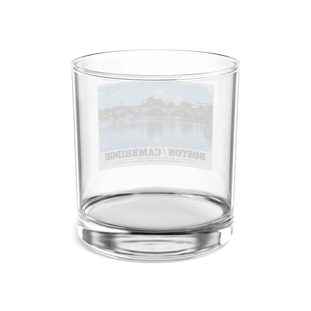 Rear view of clear rocks glass with Anderson Memorial Bridge and scullers print and reversed lettering visible through the glass