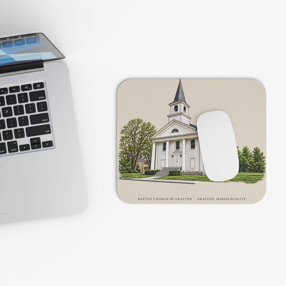 Grafton Baptist Church of Grafton mouse pad mockup showing the full illustrated print