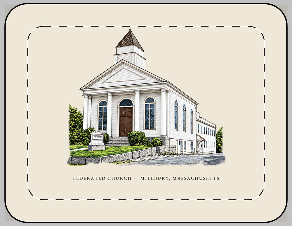 Millbury Federated Church / First Presbyterian Meeting House 13-inch laptop sleeve mockup showing the full illustrated print
