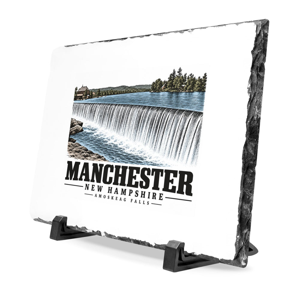 Angled front on display stands of Amoskeag Falls slate desk plaque, with Manchester, New Hampshire artwork and lettering.