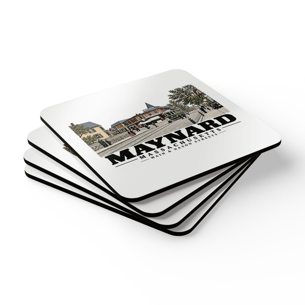 Illustrated Main & Nason Streets in Maynard on corkwood coaster set