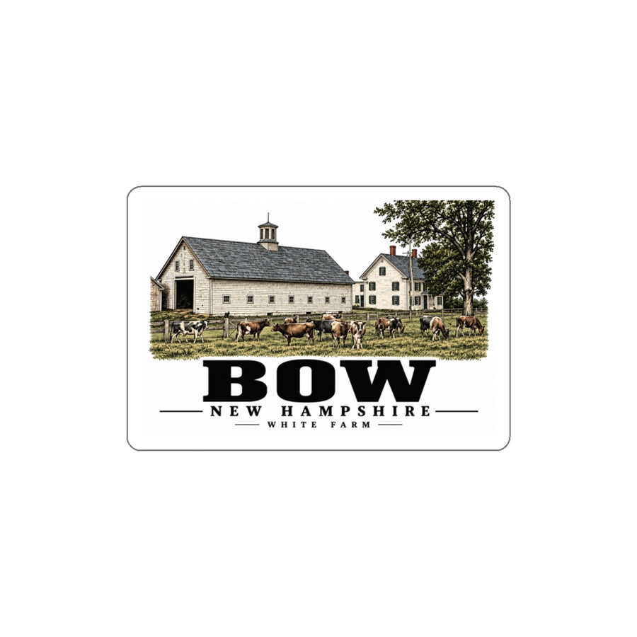 Front of White Farm Jersey Herd and Barns white die-cut sticker, Bow, New Hampshire.