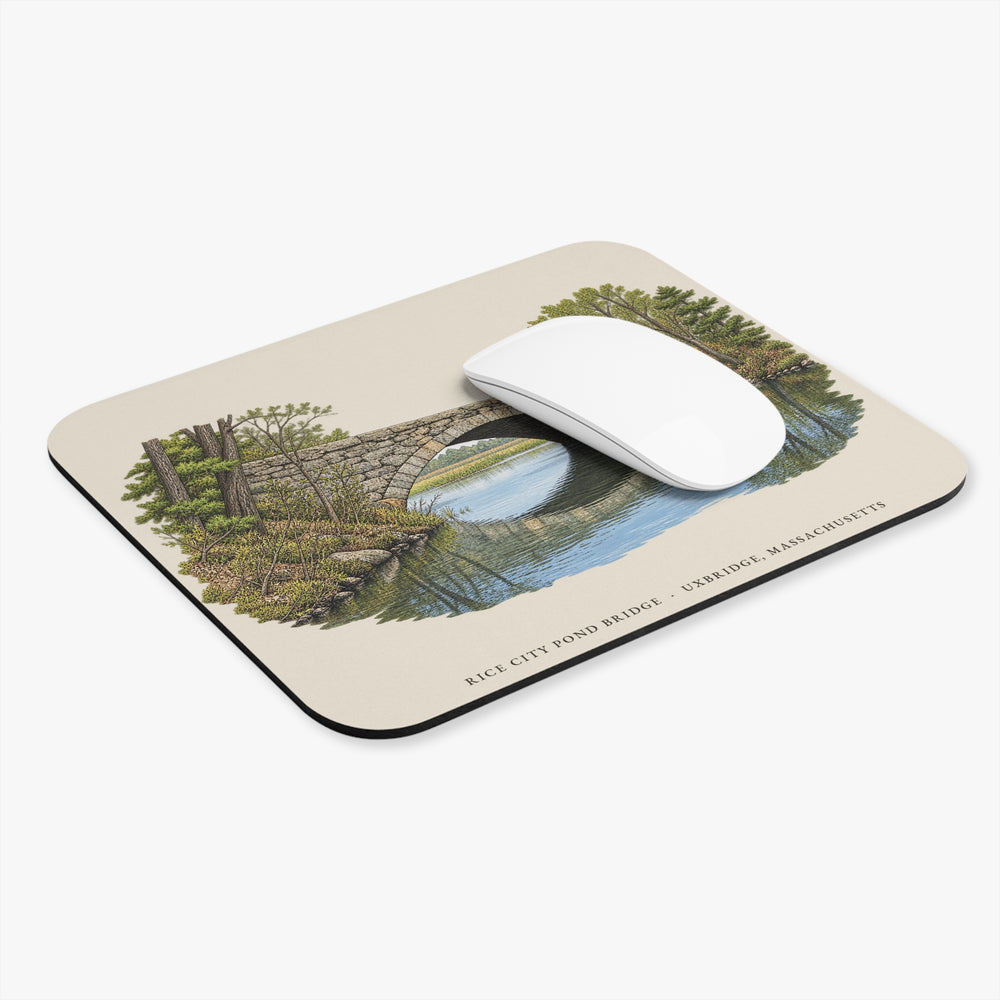 Uxbridge Rice City Pond Bridge mouse pad mockup showing the full illustrated print