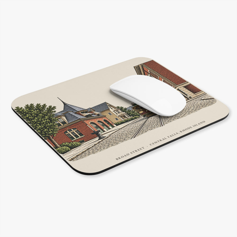 Central Falls Broad Street mouse pad mockup showing the full illustrated print