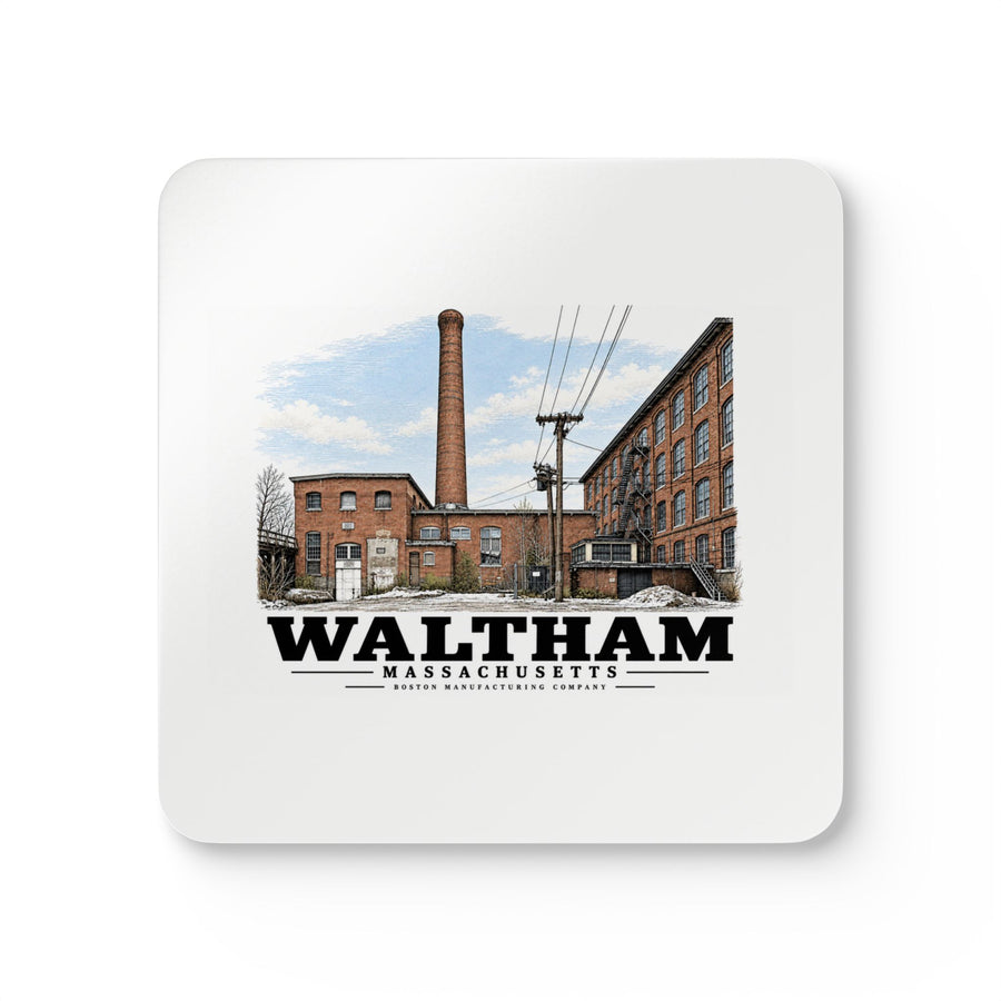 Illustrated Boston Manufacturing Company in Waltham on corkwood coaster set