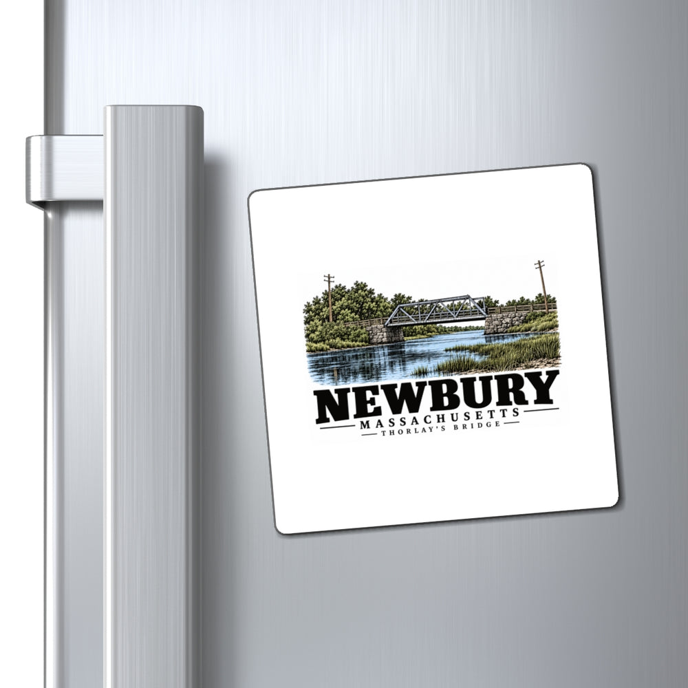 Refrigerator display of Thurlow Bridge square vinyl magnet, Newbury, Massachusetts.