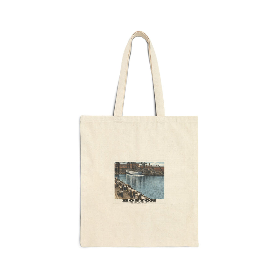 Illustrated LST-301 at Boston Navy Yard in Charlestown on cotton canvas tote — natural canvas