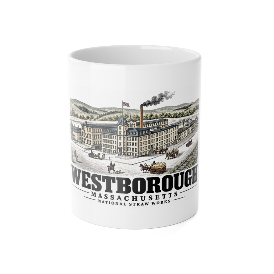 Illustrated National Straw Works in Westborough on ceramic mug