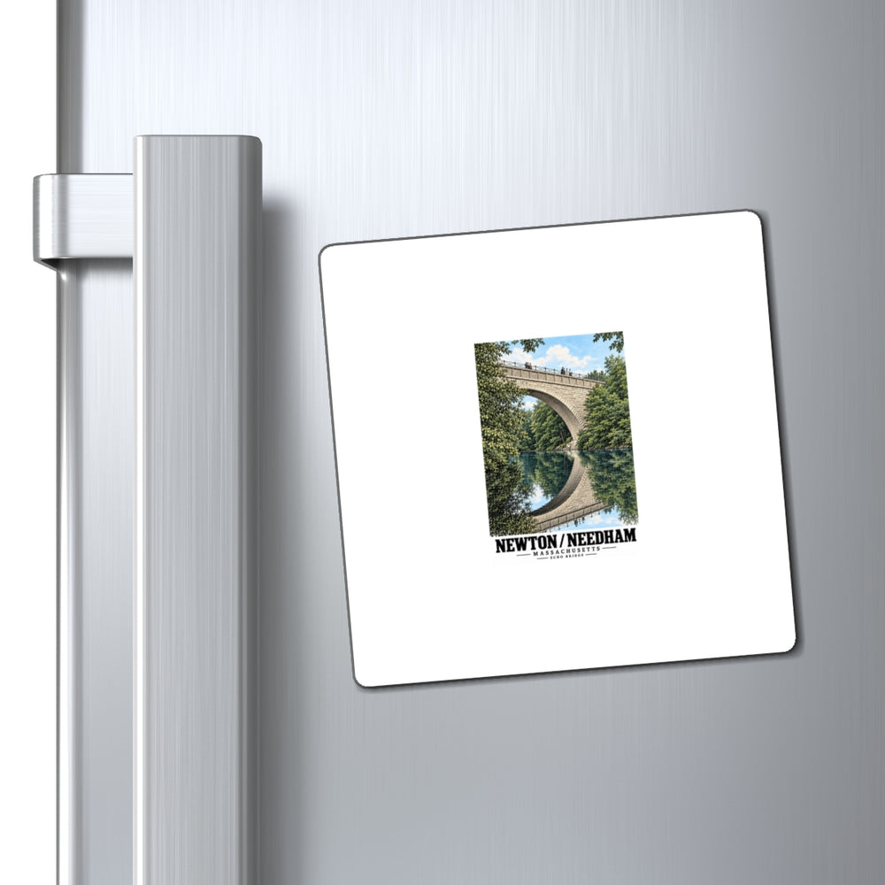 Echo Bridge portrait magnet on a refrigerator beside its handle
