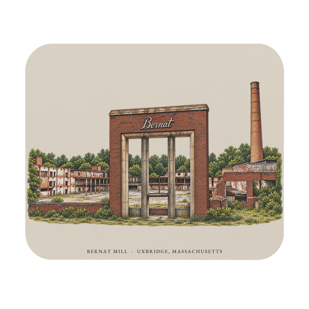 Uxbridge Bernat Mill mouse pad mockup showing the full illustrated print