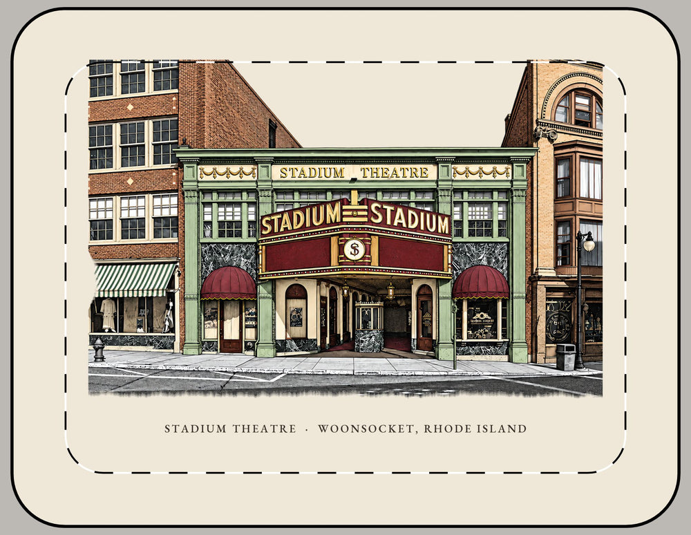 Woonsocket Stadium Theatre 15-inch laptop sleeve mockup showing the full illustrated print