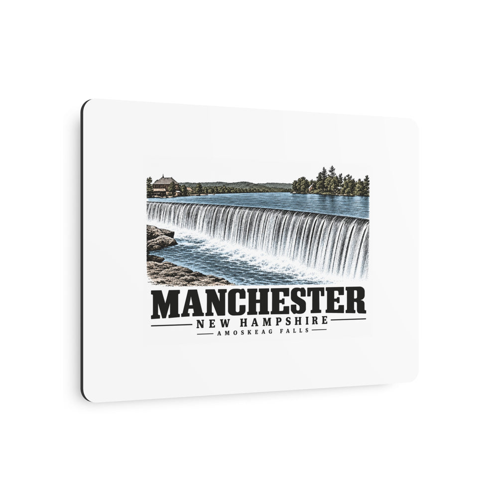 Angled front of Amoskeag Falls metal wall art, with Manchester, New Hampshire artwork and lettering.