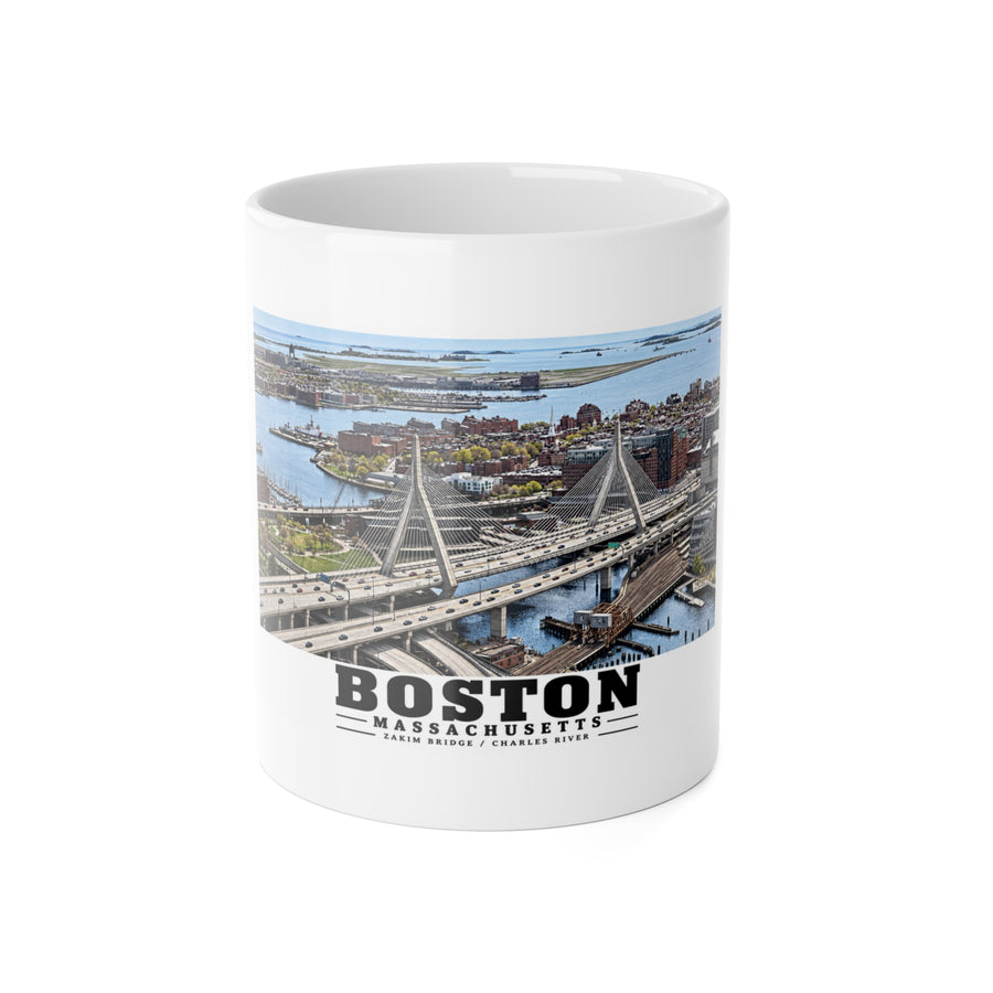 Aerial view of Boston with Zakim Bridge across Charles 11 oz White Ceramic Mug - Charles River