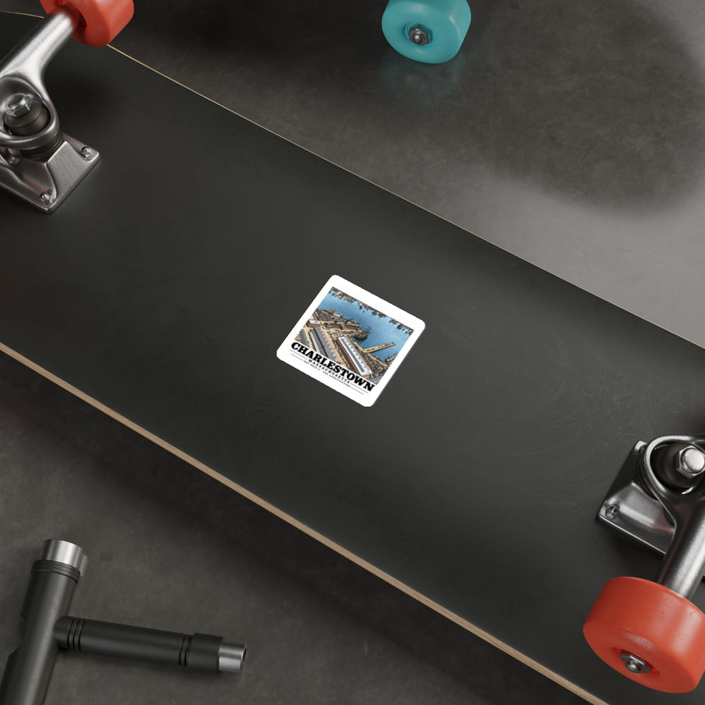 Dry Dock 5 and Constitution Pier sticker displayed on skateboard
