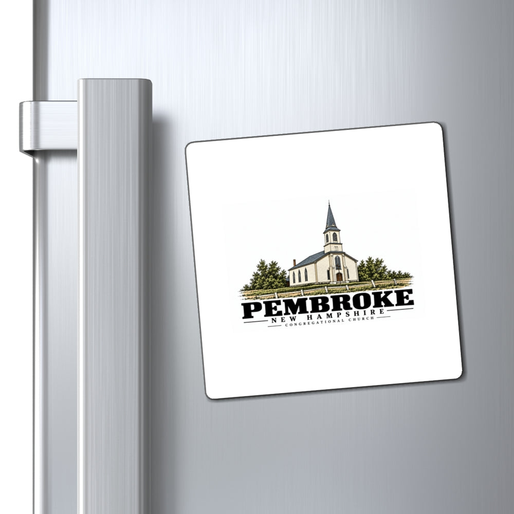 Refrigerator display of Congregational Church square magnet, with Pembroke, New Hampshire artwork and lettering.