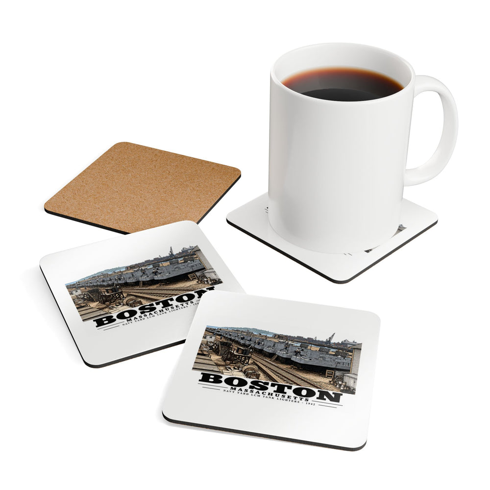 Illustrated Tank Lighters at Boston Navy Yard in Charlestown on corkwood coaster set