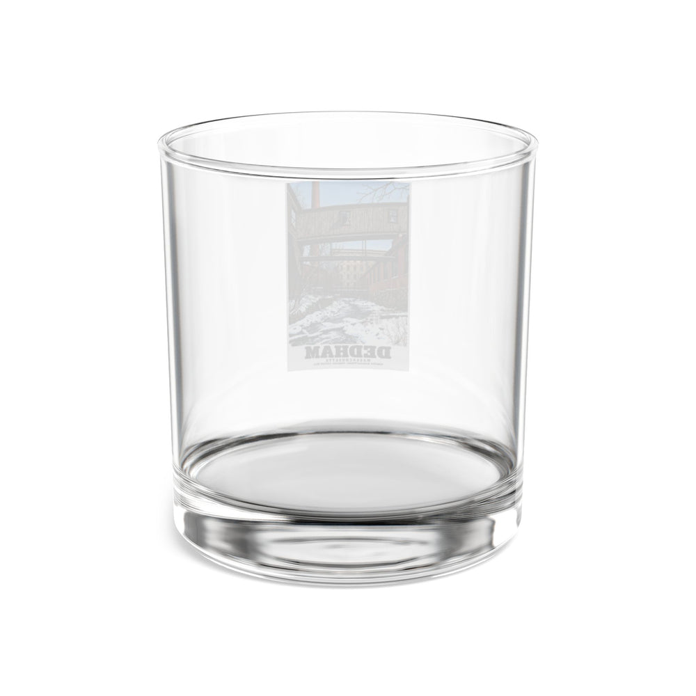 Back view of the clear 10 oz rocks glass showing the reverse of the Dedham mill artwork through the glass.