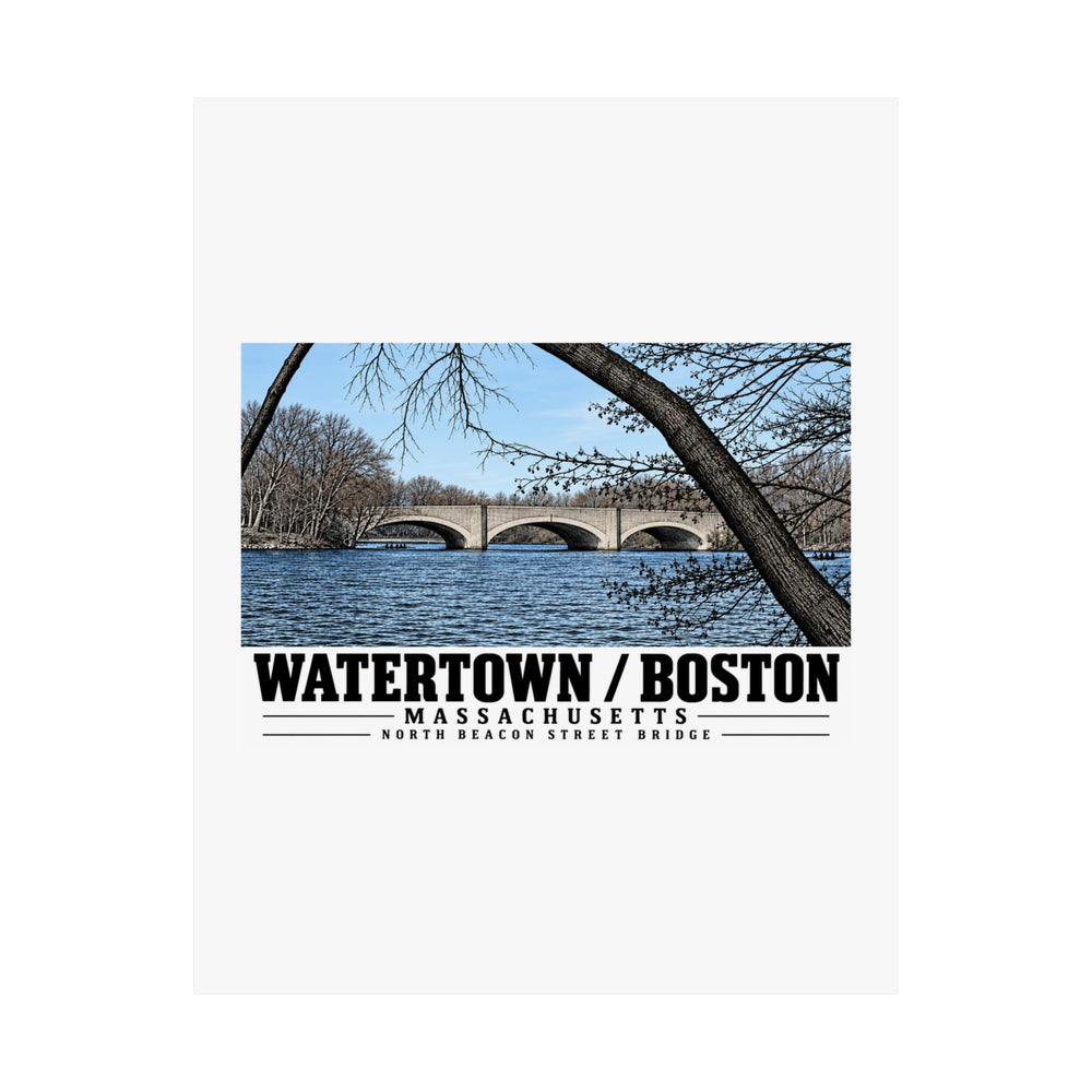 Poster suspended from two binder clips showing North Beacon Street Bridge stone arches framed by a bare tree artwork and Watertown/Boston lettering
