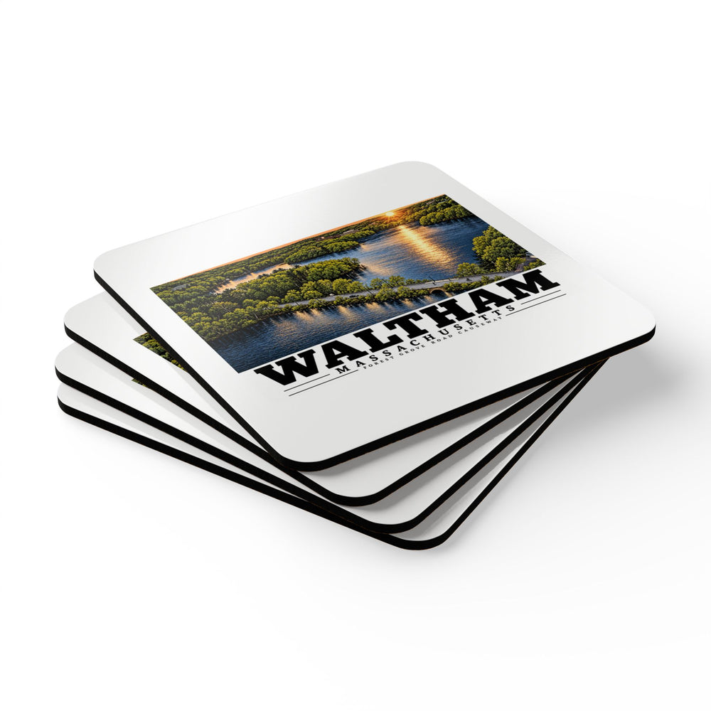 Angled stack of four coasters showing Waltham Forest Grove Road Causeway artwork.