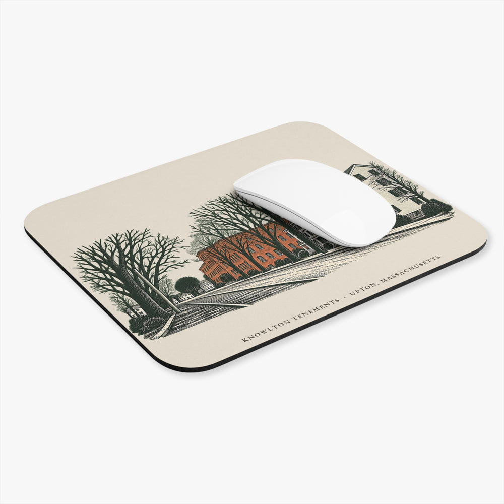 Upton Knowlton Tenements and Upton Loop Street Railway mouse pad mockup showing the full illustrated print