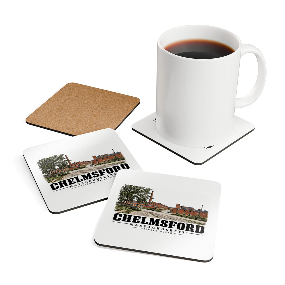 Chelmsford Silesia Mills with neighboring industrial offices Cork Back Coaster Set - Merrimack Valley Goods