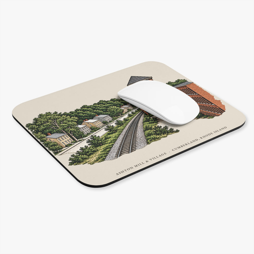 Cumberland Ashton Mill & Village mouse pad mockup showing the full illustrated print