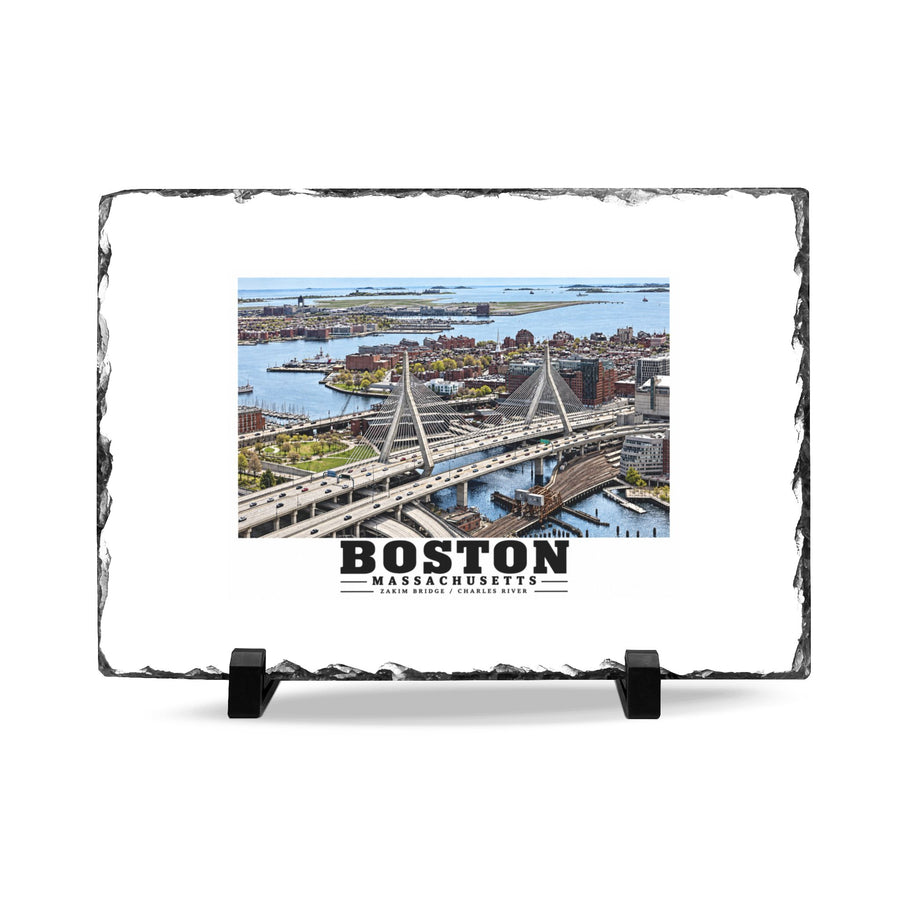 Aerial view of Boston with Zakim Bridge across Charles 7 × 11 in Slate Desk Plaque - Charles River